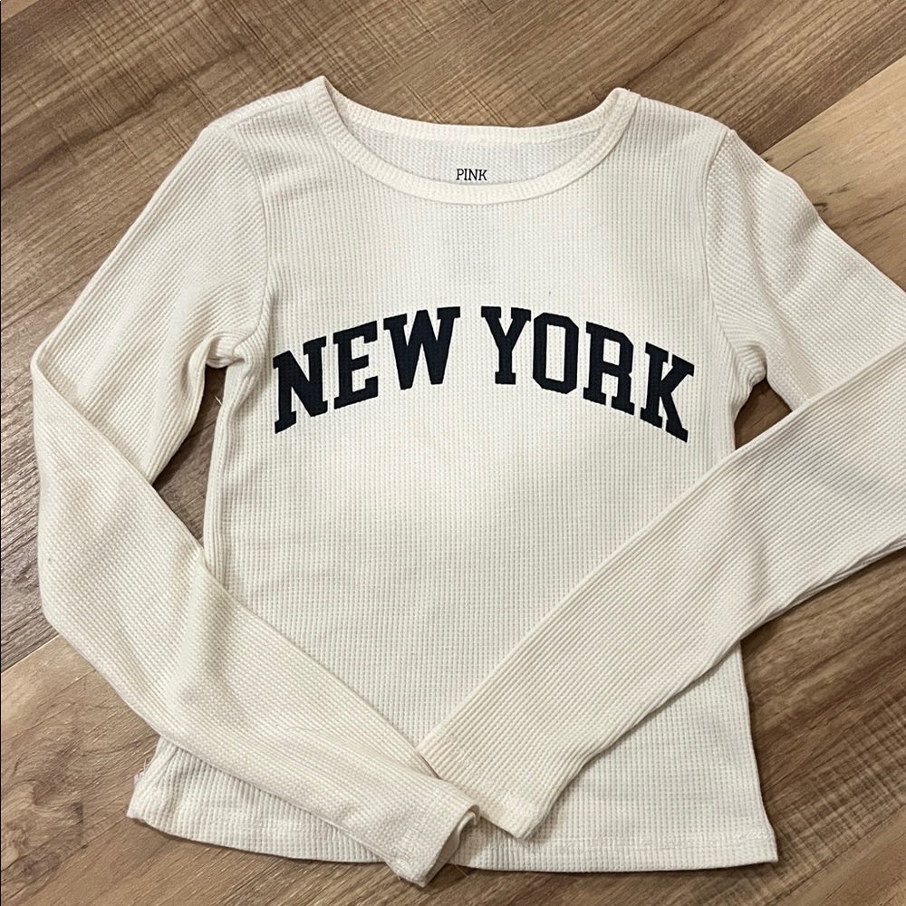 Pink Republic Cream Waffle Long Sleeve Top with Navy NEW YORK Graphic